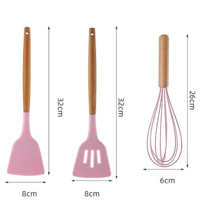 12-Piece: Wood Handle Silicone Kitchenware